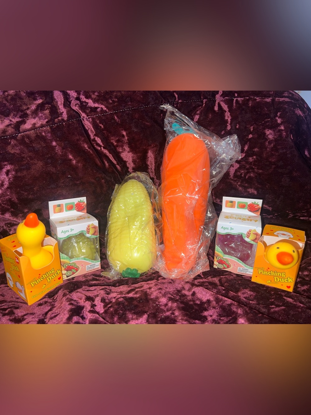 New 6Pc Squishy Jumbo Lot Duck, Corn, and Carrot Fruit
